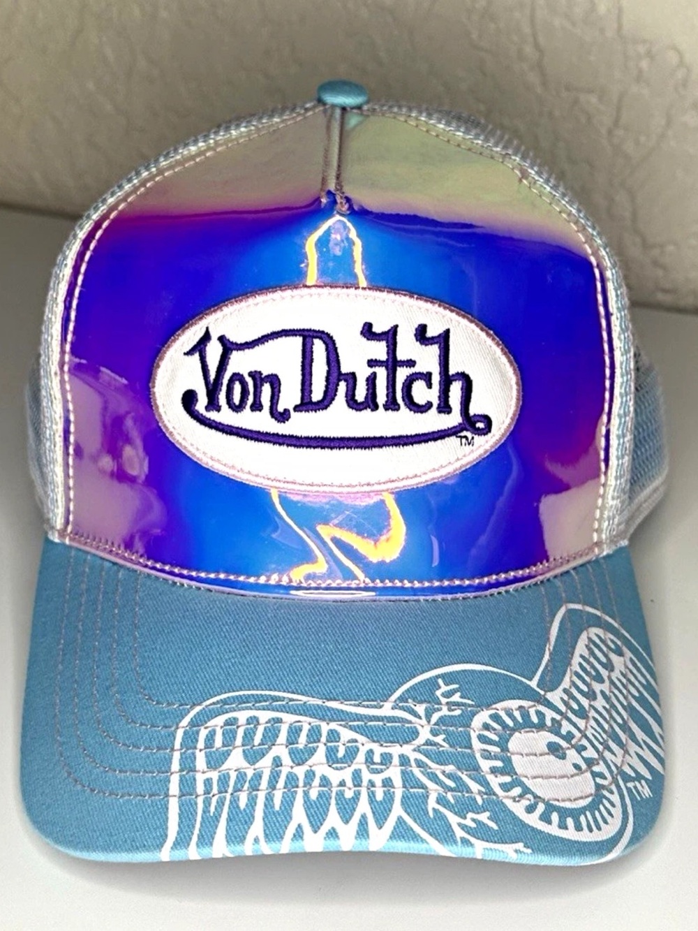 Von Dutch Holographic pink and blue Trucker Hat with Teal Brim